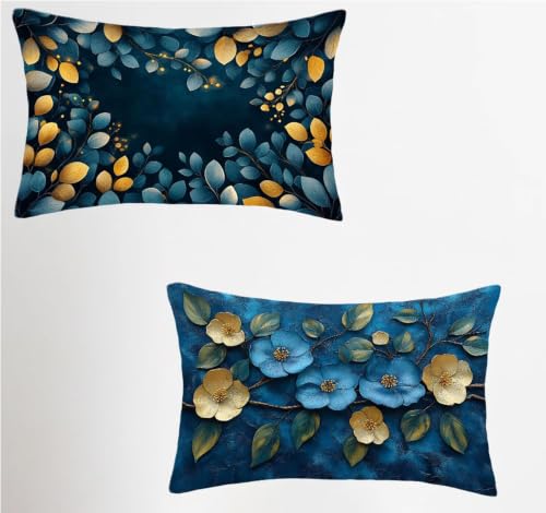Blue Outdoor Pillow Covers 10x18 Set of 2, Nordic Rectangle Throw Pillow Covers 18x10in with Hidden Zipper, Waterproof Linen Cushion Covers, Double Sided Printing, Pillowcases for Room Decor S-1244