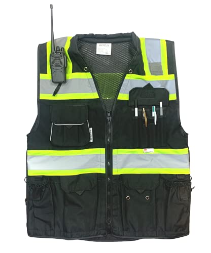 Rexzus Vero1992 (C) Vest Mens Class 2 Black Series Safety Vest With Zipper And Utility Pockets Premium Black Series Surveyors Vest (Medium, Black) #TOP5