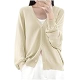 Women's Fall Casual Tops Long Sleeve Button Blouses Ribbed Knit Fashion V Neck Oversized Loose Fit Tunic Tops Beige M