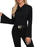 LYANER Women's Elegant Bow Tie Mock Neck Bell Long Sleeve Blouse Shirts Top Black Small