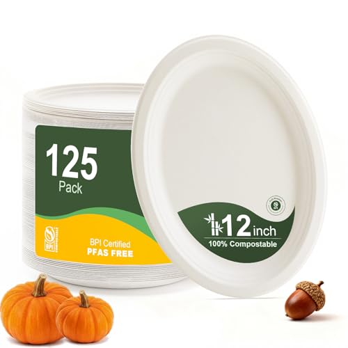 100% Compostable Oval Paper Plates 12 Inch, 125-Pack Large Heavy Duty Paper Plates Bulk,Biodegradable Bagasse,Eco-Friendly Disposable Dinner Plate for BBQ,Picnic,Party (BPI Certified,Microwaveable)
