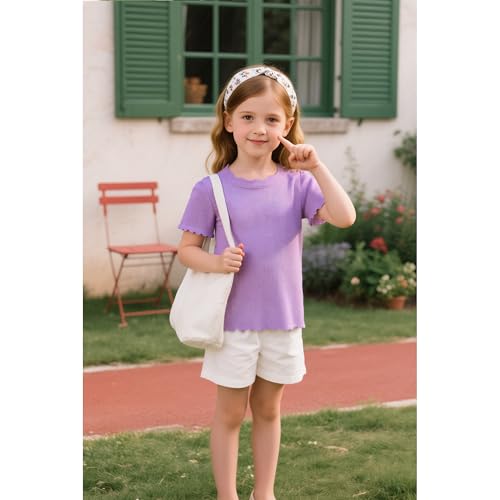 Image of Girls Summer Lettuce Trim Ribbed Knit Short Sleeve T-Shirts Solid Color Casual Blouse Tops