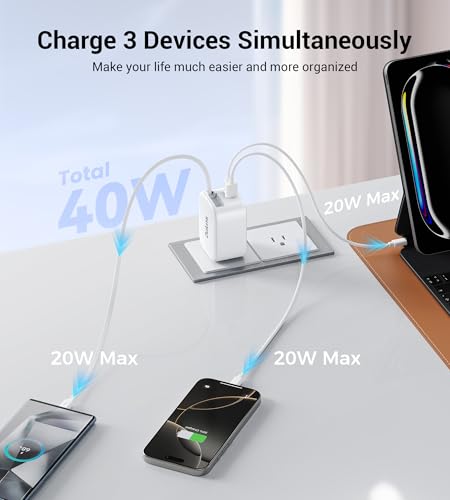 Image of Retractable Wall Charger,40W Dual Port QC3.0+PD Fast USB C Charging Block,Type C Power Adapter Brick Cube for iPhone 16 /15 /14 /13 /12 Pro Max Plus,Samseng Galxy S24 /S23(with 2.6FT USB C Cable)