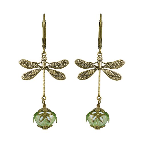 NoMonet Hand Painted Victorian Earrings - Dragonfly Daze in Gold and Green