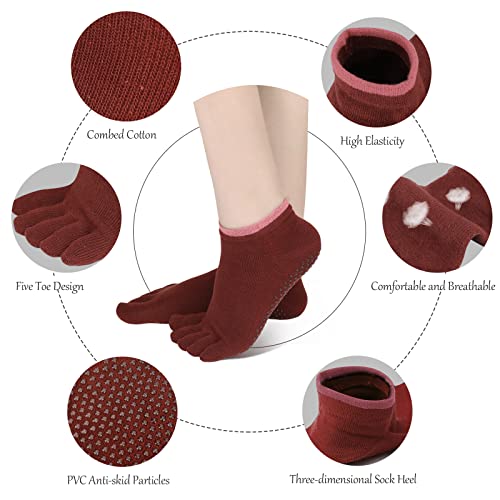Augot 5 Pairs Yoga Toe Socks For Women Five Finger Socks With Grip Five Toe Non Slip Barre Socks, Cotton Anti-Skid Fitness Pilates Socks In 5 Colors For Yoga Ballet Pilates Dance Studio Home Hospital #TOP2