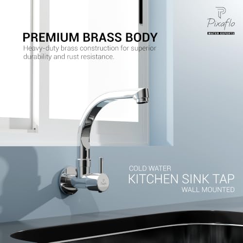 Image of Pixaflo Florent Brass Kitchen Sink Tap with Wall Flange | 360 Swivel C-Type Spout | Wall Mounted Kitchen Faucet | Foam Flow Aerator | Water Saving | Chrome Finish