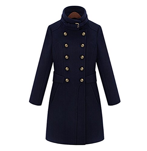 YuanDian Mujer Larga Collar del Soporte Vendimia Chaqueta Manga Larga Color Sólido Abrigo Marina XL