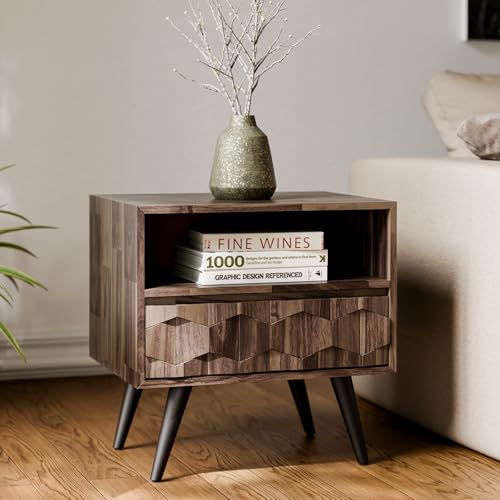 Image of Bme Georgina Solid Wood Nightstand with 1 Drawer & Open Shelf- Fully Assembled Mid Century Modern Side Table - Geometric Pattern Bedside Dresser for Bedroom and Living Room, Mocha