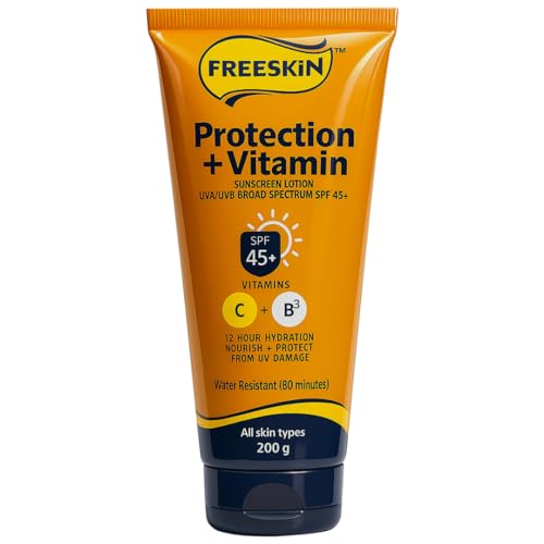 Image of Free Skin Protection + Vitamin Sunscreen Lotion SPF 45+ | Broad Spectrum UVA /UVB | Enriched with Vitamin C & B3 | 12 Hrs Hydration | Nourishes & Protects from UV Damage | All Skin Types | 200g