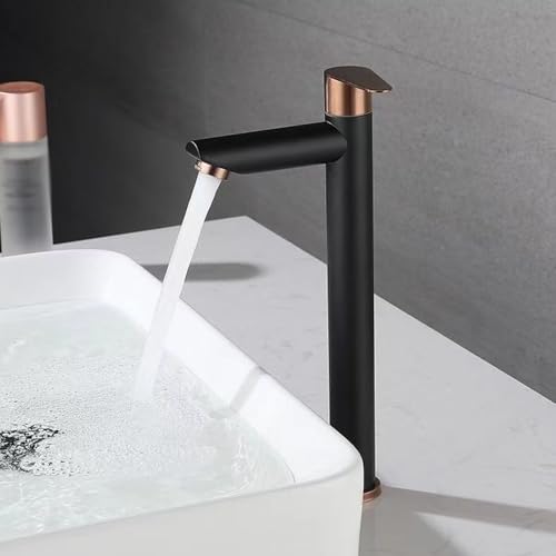 Grifo Lavabo Caño Alto Un Solo Orificio Grifo Agua Fria Baño de Acero Inoxidable,Negro + Oro Rosa