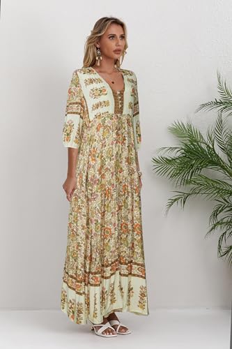 Image of Women Short Sleeve V Neck Floral Print Casual Bohemian Maxi Dresses