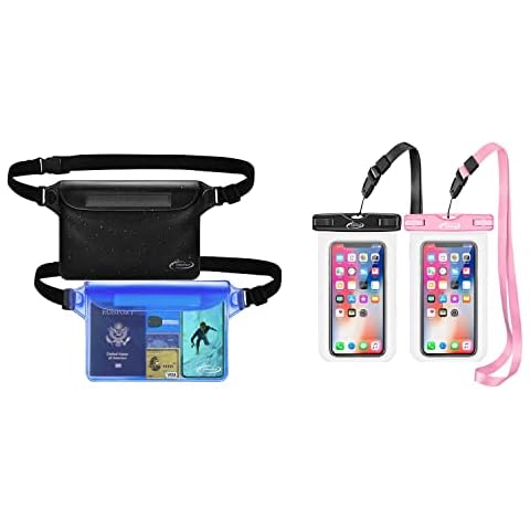 AiRunTech Waterproof Pouch | Way to Keep Your Phone and Valuables Safe and Dry | for Boating Swimming Snorkeling Kayaking Beach Pool (2 Phone Cases(Black + Pink) + 2 Fanny Packs(Black + Blue) Green + Cover