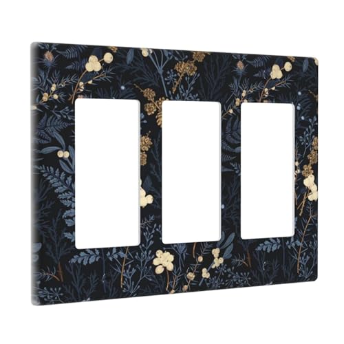 Decorative Outlet Covers Rustic Navy Dark Blue Leaves Golden Floral 3 Gang Outlet Cover Wall Plate Triple Rocker Light Switch Cover Plate Switch Plate Covers for Bedroom Home Decor