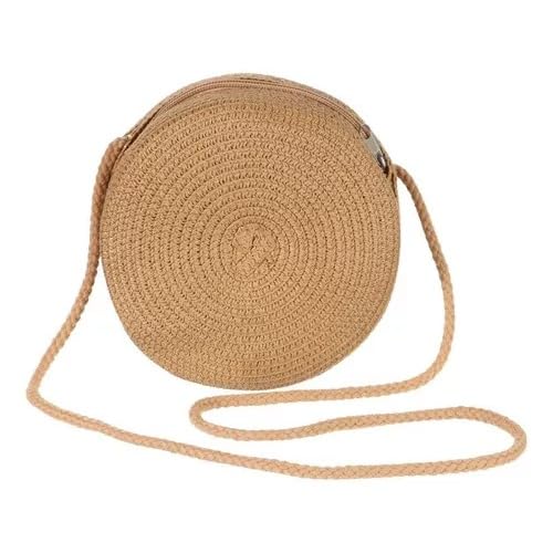 Bolsa Feminina Pequena Palha Sintética Trama de Celulose Redonda Alça Corda(Palha Escura)