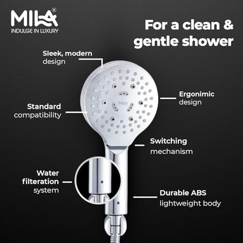 Image of Mila Cliq 4-Function Hand Shower | Rain, Mist, Massage, Mixed Spray Modes | Chrome Finish |ModernDesign | Includes Hose (1.5m), Bracket & Installation Kit (Φ120mm)