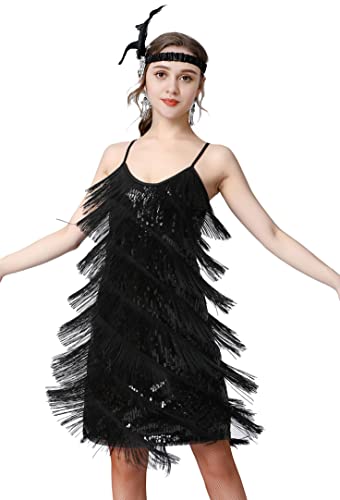 Image of Women 1920s Gatsby Flapper Dress Sexy Open Back Strap Fringed Cocktail Party Dress with 20s Accessories