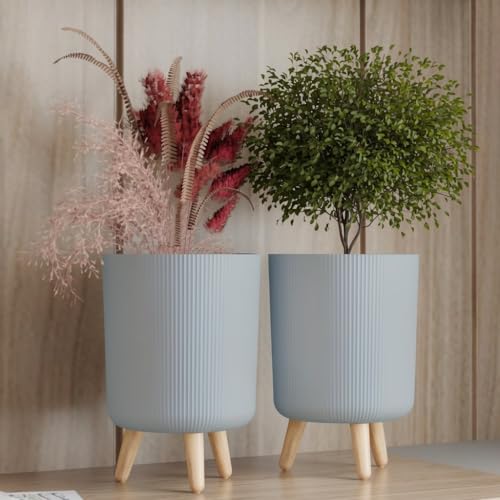 Image of StyleX Store Modern Flower Pot with Plastic Legs | Indoor Outdoor Planter for Home Garden Balcony Decor Ribbed Design Sturdy Plastic Mid-Century Style (Dusty Blue Pack of 2)