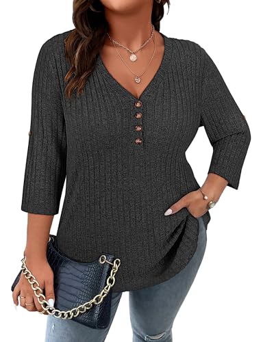 Image of Koscacy Women Plus Size V Neck 3 /4 Roll Sleeve Sweater Casual Knit Tops Solid Color Blouses
