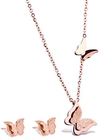 WDSHOW Rose Gold Plated Butterfly Necklace Stud Earrings for Girls Women Jewelry Set
