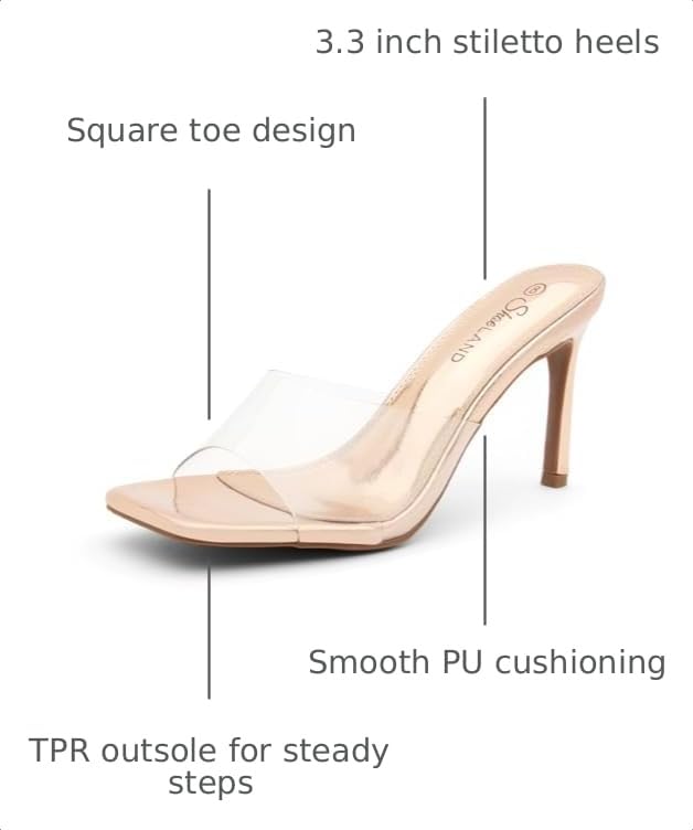 Image of Shoe Land Melrose Women's High Heels Stiletto Heeled Slides, Square Open Toe One Band Slip-On Heeled Mules - Dressy Clear Heeled Sandals for Prom Party Wedding and Vacation