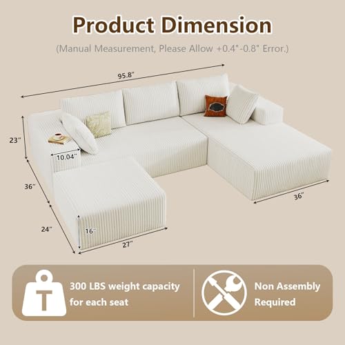 Image of 96 inch U-Shape Cloud Couch, Modern Modular Sectional L-Shape Sofa with Ottoman, Corduroy Upholstered Couches Deep Seat Sleeper Chaise Longue for Living Room, No Assembly Required(White, Right Facing)
