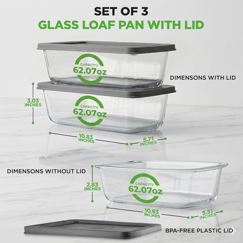 Image of NutriChef 6 Piece Glass Loaf Pans for Baking Bread - 7.6 Cups Stackable Glass Bread Loaf Pan - 3 loaf Pan with 3 Lids - Oven & Microwave Safe, Dishwasher Safe - Clear