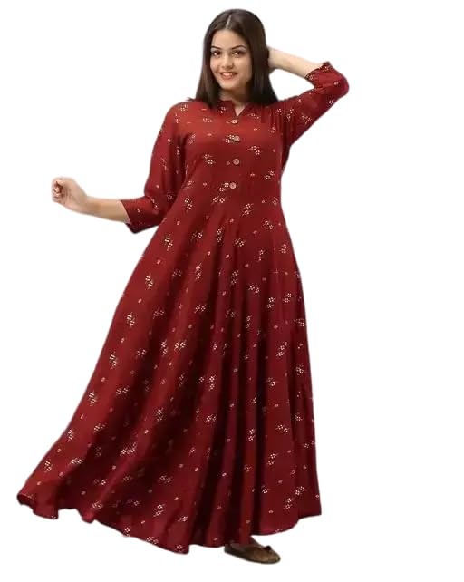 Raj Fashion Women's 3/4th Sleeves Round Neck Floral Printed Calf Length Flared Ethnic Gown-picture-37