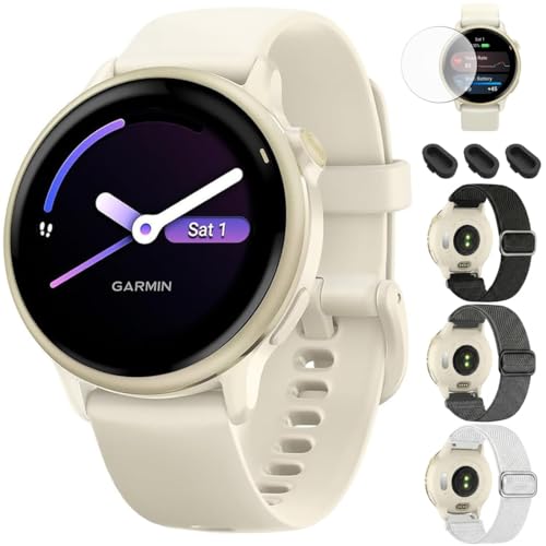 Garmin 010-02985-01 VIVOACTIVE 6 Health and Fitness GPS Smartwatch Bone with Silicone Band Bundle with Deco Essentials Nylon Elastic Bands 3 Pack, Dust Cover 3 Pack and Screen Protector 2 Pack