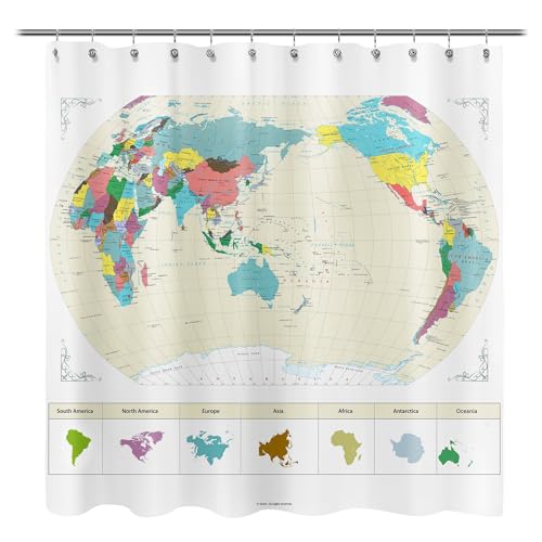 Sunlit Updated World Map Fabric Shower Curtain Map of The World with Detailed Major Cities Shower Curtains for Kids Geography Educational Bathroom Curtain Large Home Decor Wall Map 71 x 71