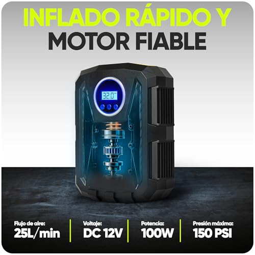 FORTEM Inflador de Ruedas de Coche, Compresor de Aire - Compresor de Aire Portátil para Ruedas de 12 V con Luz LED - Manómetro Digital, Autobombeo, Parada Automática - Bolsa de Transporte (Negro) - imagen 5