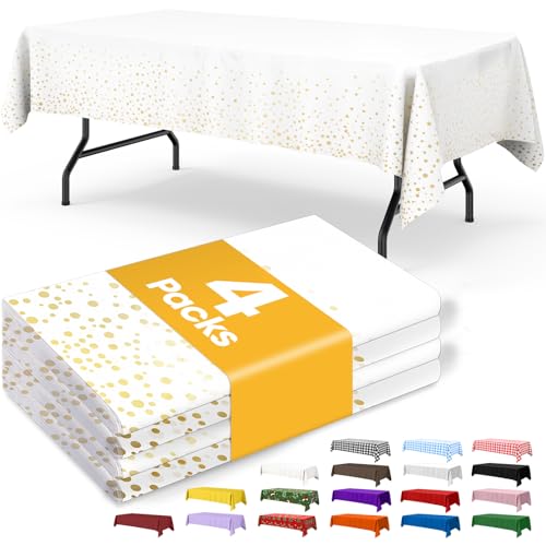 Image of Niuara White and Gold Plastic Table Cloth - 4 Pack 54 inch x 108 inch Rectangle Disposable Tablecloths for 6FT Tables, Table Cover for Party, Holiday & Gathering Use