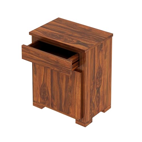 Image of Solid Sheesham Wood Bedside Table with 1 Drawer & 1 Door Storage, End Table, Side Table for Bedroom, Living Room, Home (Natural Finish)