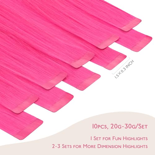 Image of WENNALIFE Tape in Hair Extensions Human Hair Hot Pink Tape in Extensions, 10pcs 30g 26 inch Remy Invisible Tape Ins Straight Colored Soft Real Human Hair Tape in Extensions Refill Set Extensions