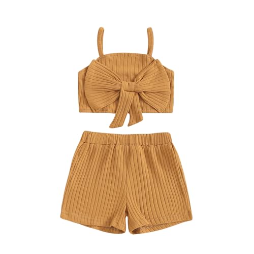 Image of Kuriozud Summer Clothes for Toddler Baby Girl Cute Bow Sleeveless Tank Top and Shorts Set Ribbed 2 Piece Outfit (Ribbed Mustard yellow, 12-18 Months)