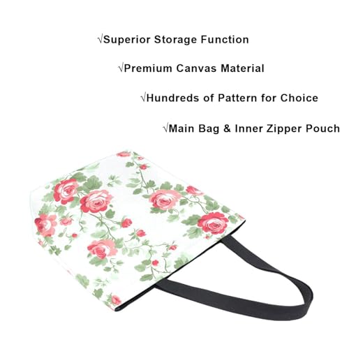 Extra Large Shoulder Tote Bag for Beach Travel Weekender Gym Green Leaves Red Flower Pattern Reusable Grocery Canvas Shopping Bag4