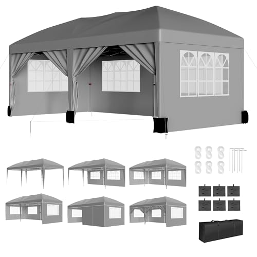 10X20FT Pop Up Wedding Party Tent with 6 Sidewalls, Heavy Duty Commercial Outdoor Canopy All Season Wind & Waterproof Canopy Gazebo with Storage Bag, Gray