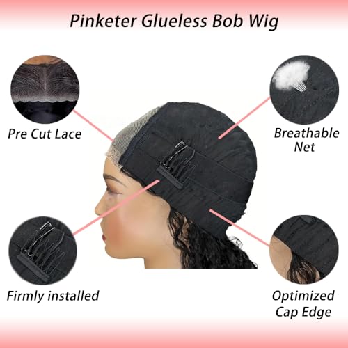 Wear and Go Bob Wig Human Hair Deep Wave Glueless Wigs Pre Plucked Pre Cut 4x4 Lace Closure 180% Density Ready to Wear Bob Wigs for Black Women Beginner Friendly (Curly Bob Wig, 12inch)