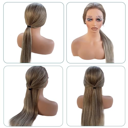 Image of Munx Ash Blonde Lace Front Wig Human Hair, 13x4 Ombre Lace Front Wig Human Hair 180% Density Glueless Ombre Highlight Straight HD Lace Frontal Wig Human Hair Balayage Color 30in