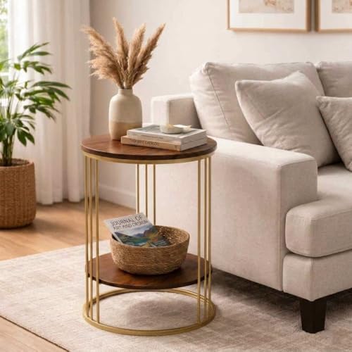 Image of Coffee Table /End Table /Center Table /Sofa Side Table /BedsideTable /nightstand for Living Room Bedroom Balcony Table with Marble Design Wooden Top Gold Brown