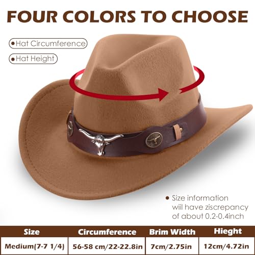 Panitay 4 Pcs Classic Western Cowboy Hat for Men Felt Wide Brim Hats Women Belt Buckle Panama for Adults Kids Party, 4 Colors