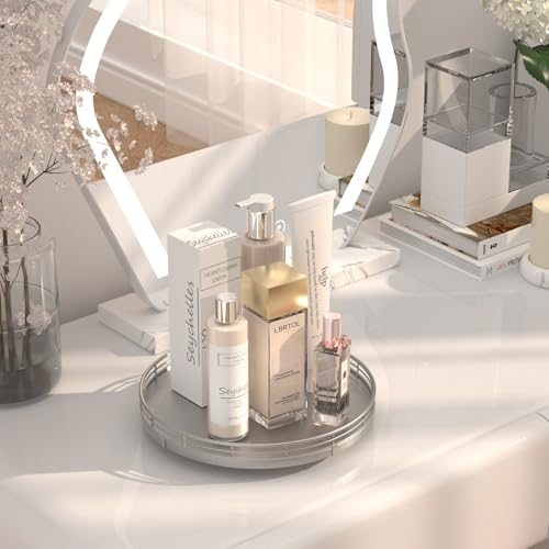 Image of 10 inch Silver Lazy Susan for Table Top, Oak Wood Lazy Susan Turntable Organizer for Dining Coffee Table Centerpiece Bar Decor Kitchen Countertop Bathroom Vanity Decorative Tray for Perfume Jewelry Round