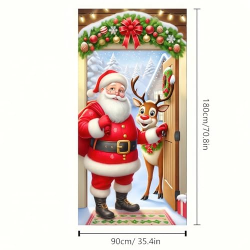 Image of BlissYard Christmas Door Cover 71x35 Inch Santa Claus and Reindeer Door Banner Holiday Decoration Winter Wonderland Entryway Backdrop Indoor Outdoor Christmas Party Home Porch Wall Decor