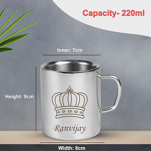 Image of SAVRI Personalized Stainless Steel Mug for Kids with Customized Name Engraved & Cartoon Design | 220 ml Double Wall Insulated Mug for School, Milk, Juice & Water (King Crown)
