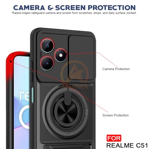 Image of Realme C51 / C53 / Narzo N53 Back Cover | Armor Camera Slider 360 Degree Rotating Finger Ring Holder Case with Bracket Stand Back Case Cover (Compatible with MagSafe Accessories) (Black)