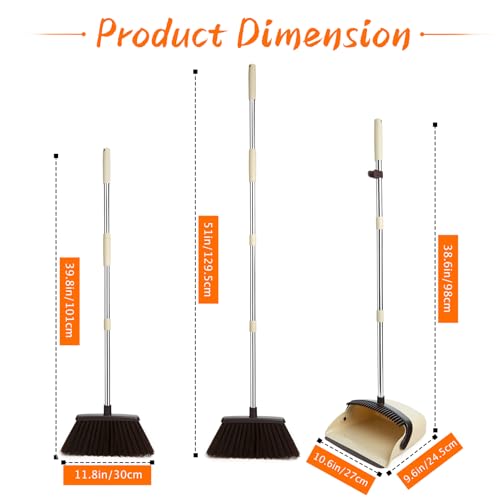 Image of Broom and Dustpan Set, Dustpan Combo with 51 inch Stainless Steel Long Handle Brooms with 5-Layer Soft Bristles for Home Office Kitchen Bathroom(Beige)
