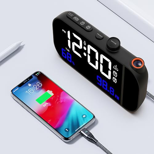 Alarm Clock, FM Radio Projection Clock, 12/24 H Digital Alarm Clock, Large Display Digital Clock with 0%-100% Brightness, ℃/℉ Temperature Monitor, Date/Snooze/Digital Projection Clock