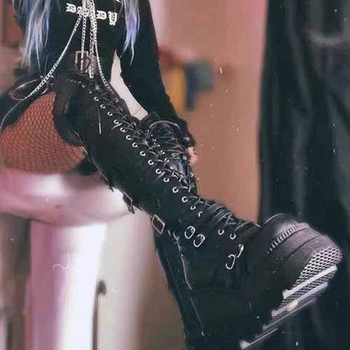 Women's Platform Over the Knee Boots Goth Punk Boots Chunky Heel Motorcycle Boots with Buckles Zip Thigh High Boots3