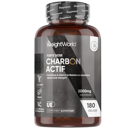 Charbon Actif Végétal 2000mg,180 Gélules Vegan sans OGM, 1 Mois d’Approvisionnement, le charbon actif contribue à réduire les flatulences excessives...