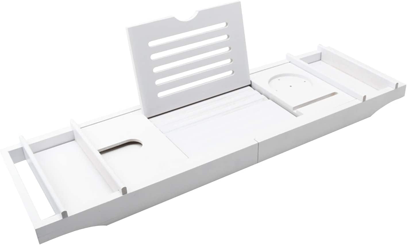 JANNAH Adjustable Bamboo Bathtub Tray Bathroom Caddy with Extending Sides Book & Wine Holder for Tub Relaxation (White)