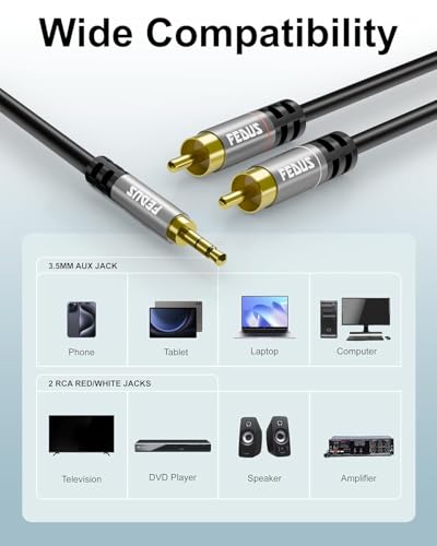 FEDUS 3.5mm to RCA Cable 4.9ft/1.5M, RCA to 3.5mm Male Audio Adapter 2RCA Gold Plated Shielded Stereo Y Braided Audio Adapter Cord RCA to AUX Cable for Smartphones, MP3, Tablets, Speakers,Home Theatre 2 41 tVQNPHUL